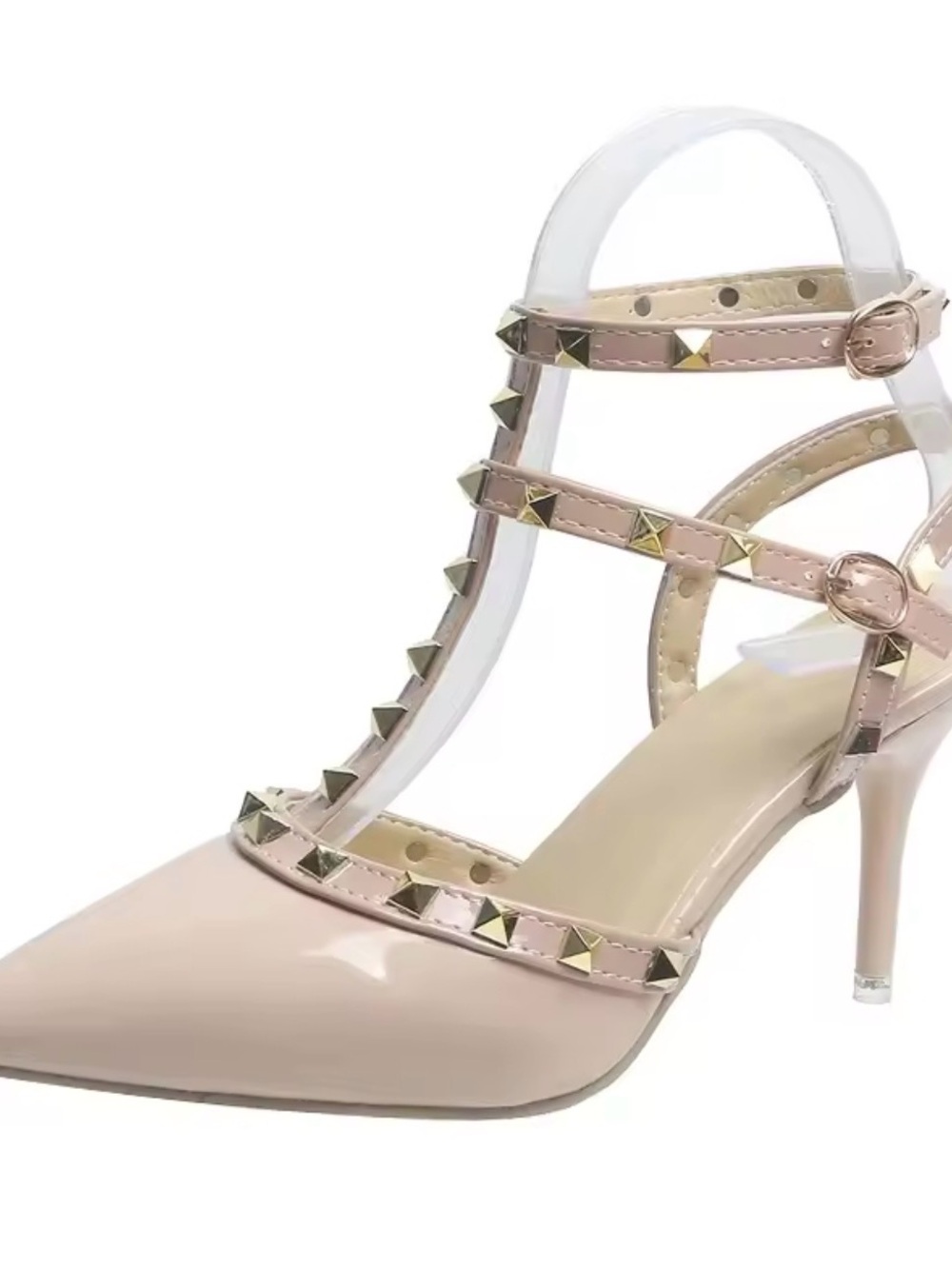 Source Unknown Blush Patent T-Strap Pointed Heels with Gold Studs